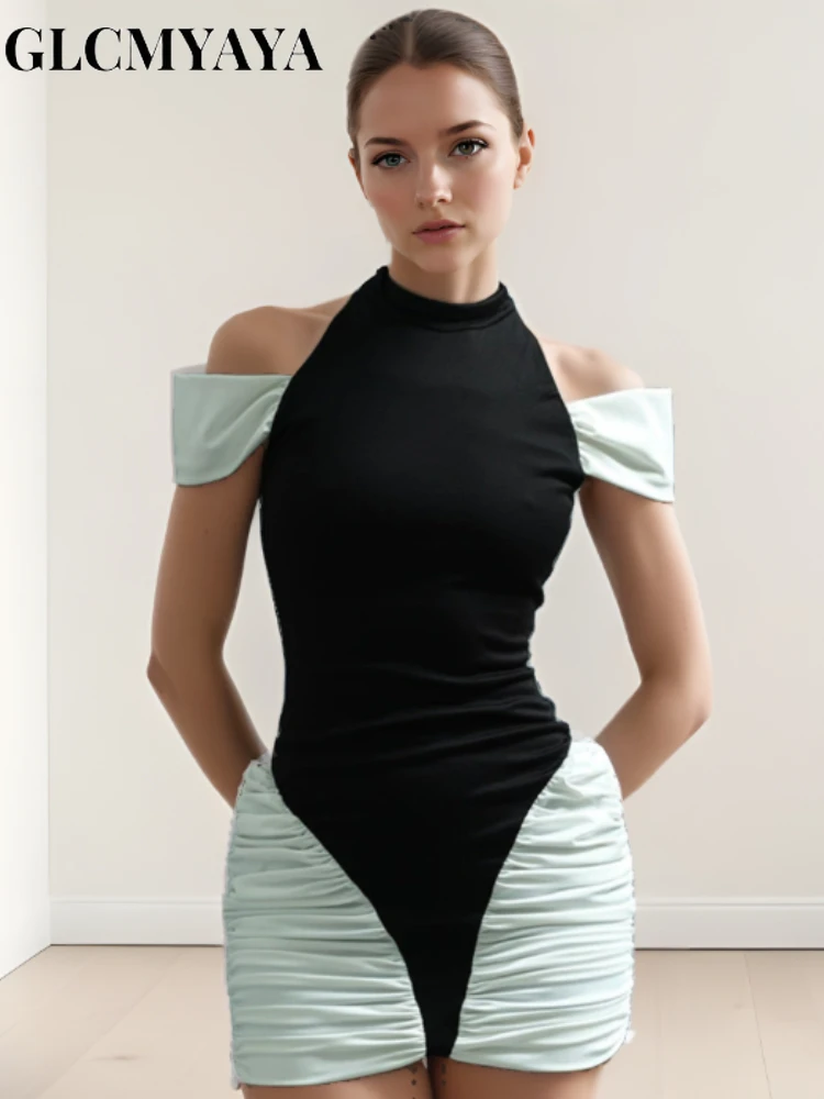 GLCMYAYA Women Dinner Party Elegant Black White Patchwork Pleat Mini Midi Dress Sexy Off-the-shoulder Slim Dresses Streetwear GLCMYAYA Women Dinner Party Elegant Black White Patchwork Pleat Mini Midi Dress Sexy Off-the-shoulder Slim Dresses Streetwear