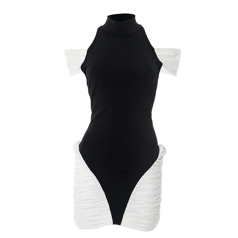 GLCMYAYA Women Dinner Party Elegant Black White Patchwork Pleat Mini Midi Dress Sexy Off-the-shoulder Slim Dresses Streetwear GLCMYAYA Women Dinner Party Elegant Black White Patchwork Pleat Mini Midi Dress Sexy Off-the-shoulder Slim Dresses Streetwear