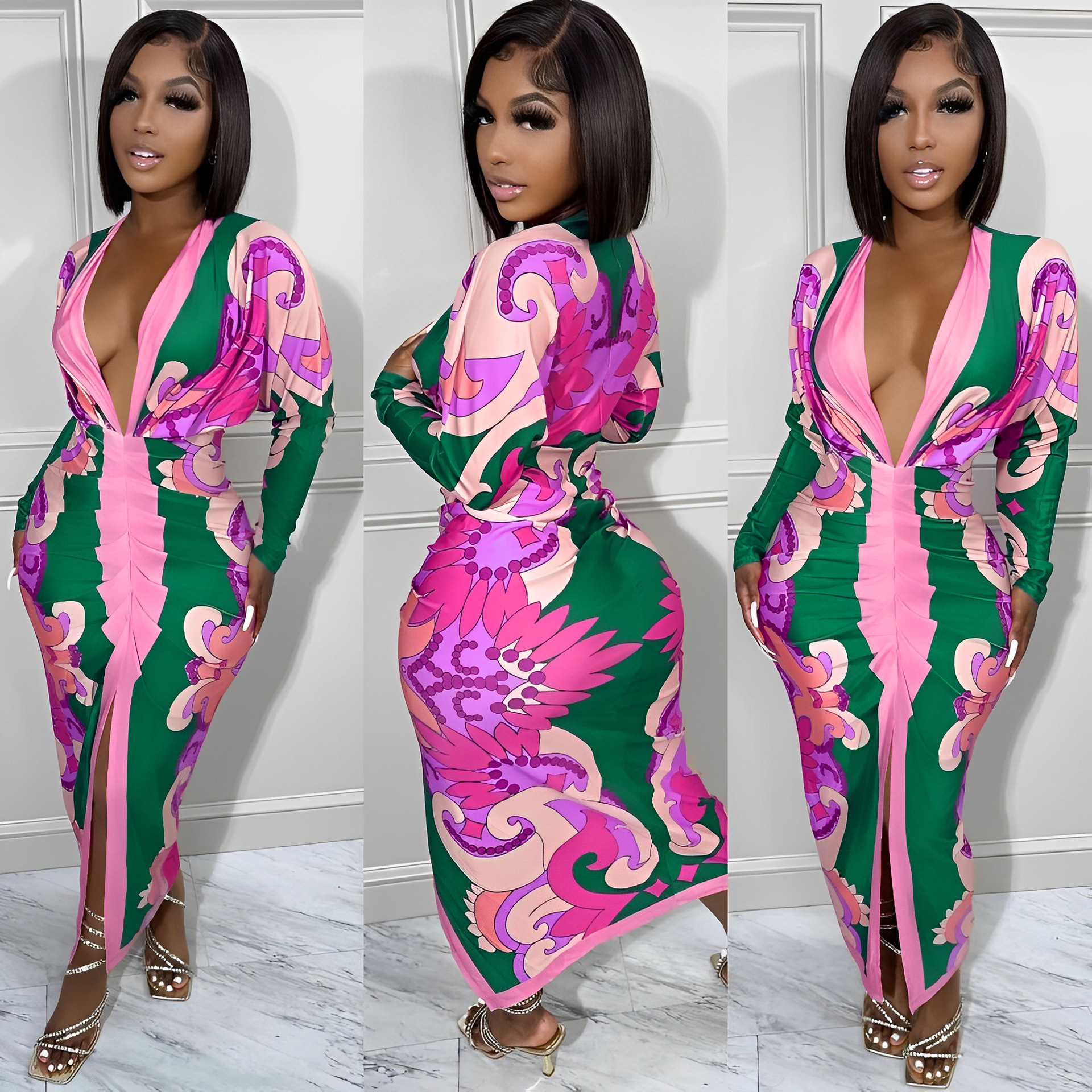 CM.YAYA Women Paisley 3D Printed Stacked Long Sleeve Deep V-neck Bodycon Midi Maxi Long Dress 2023 Evening Sexy Party Dresses CM.YAYA Women Paisley 3D Printed Stacked Long Sleeve Deep V-neck Bodycon Midi Maxi Long Dress 2023 Evening Sexy Party Dresses