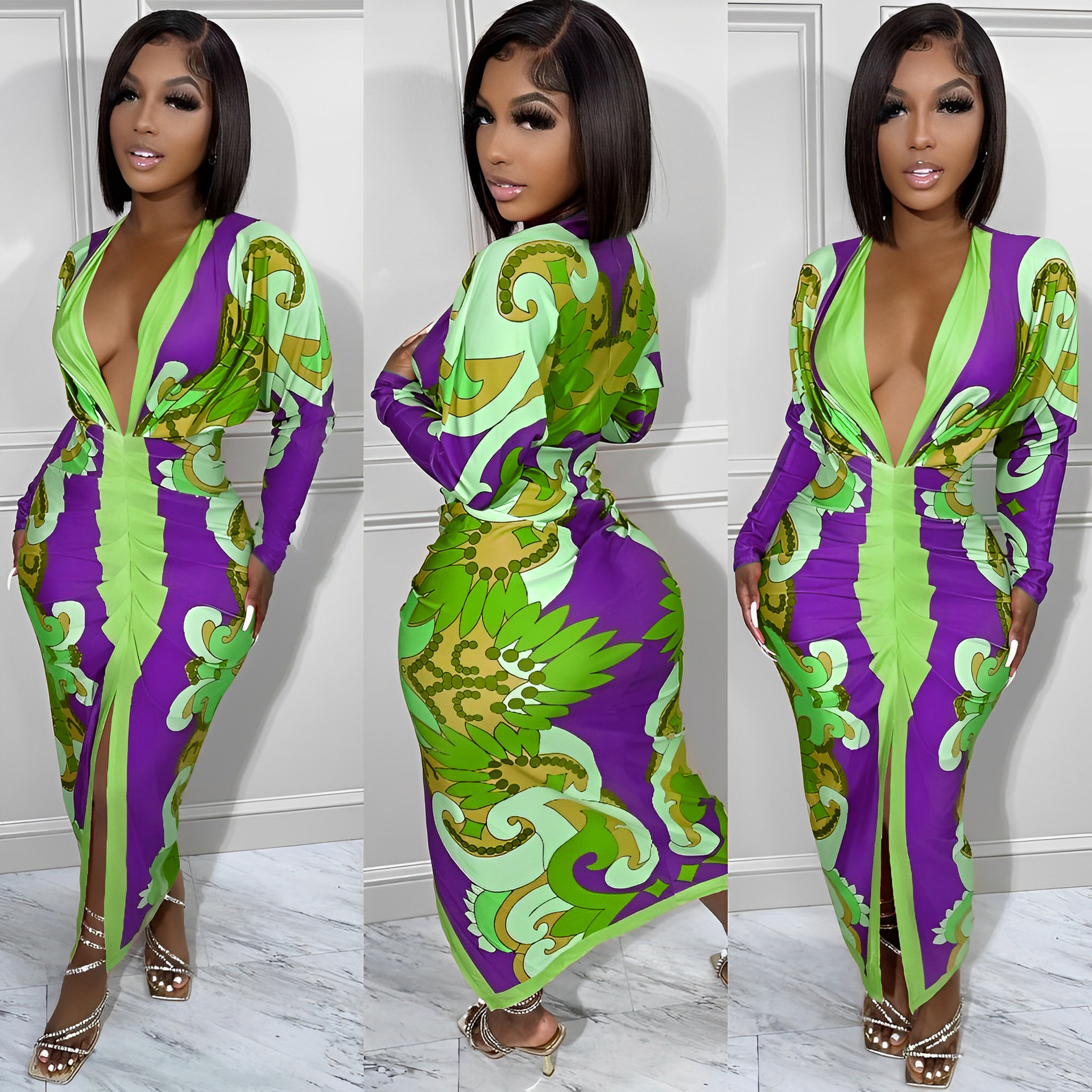 CM.YAYA Women Paisley 3D Printed Stacked Long Sleeve Deep V-neck Bodycon Midi Maxi Long Dress 2023 Evening Sexy Party Dresses CM.YAYA Women Paisley 3D Printed Stacked Long Sleeve Deep V-neck Bodycon Midi Maxi Long Dress 2023 Evening Sexy Party Dresses