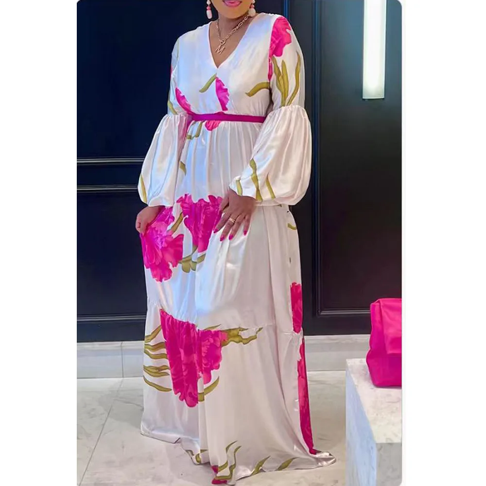 CM.YAYA Elegant V-Neck Women Dress Summer Floral Print 2024 Full Lantern Sleeve Long Maxi Dress Vestidos Bohemian Party Club