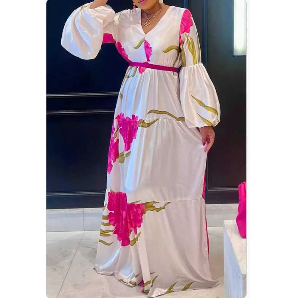 CM.YAYA Elegant V-Neck Women Dress Summer Floral Print 2024 Full Lantern Sleeve Long Maxi Dress Vestidos Bohemian Party Club