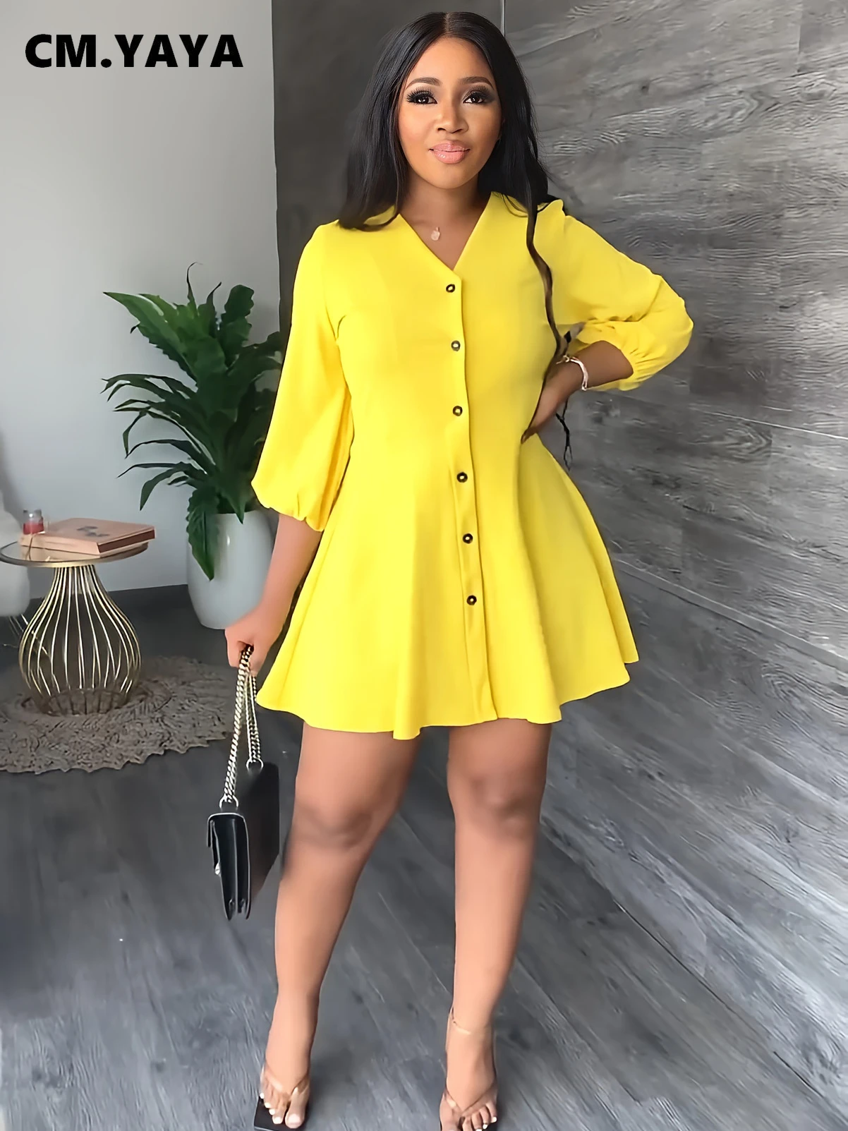 CM.YAYA Elegant Women Single Breasted V-neck Three Quarter Sleeve Big Swing A-line Shirt Style Dress