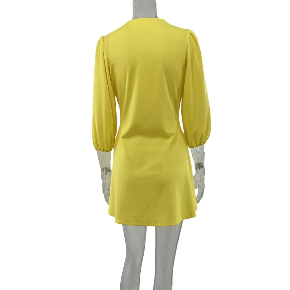 CM.YAYA Elegant Women Single Breasted V-neck Three Quarter Sleeve Big Swing A-line Shirt Style Dress