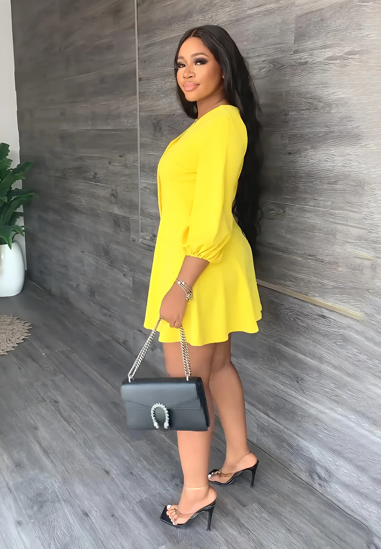 CM.YAYA Elegant Women Single Breasted V-neck Three Quarter Sleeve Big Swing A-line Shirt Style Dress