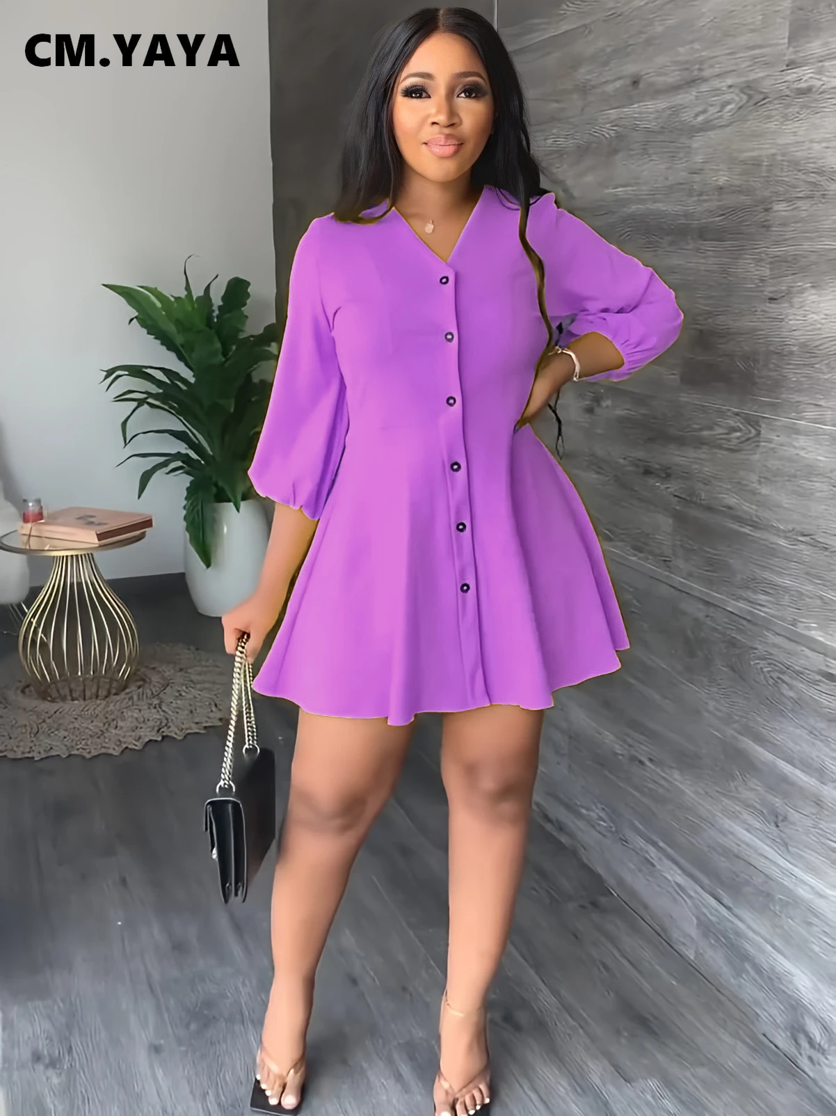 CM.YAYA Elegant Women Single Breasted V-neck Three Quarter Sleeve Big Swing A-line Shirt Style Dress