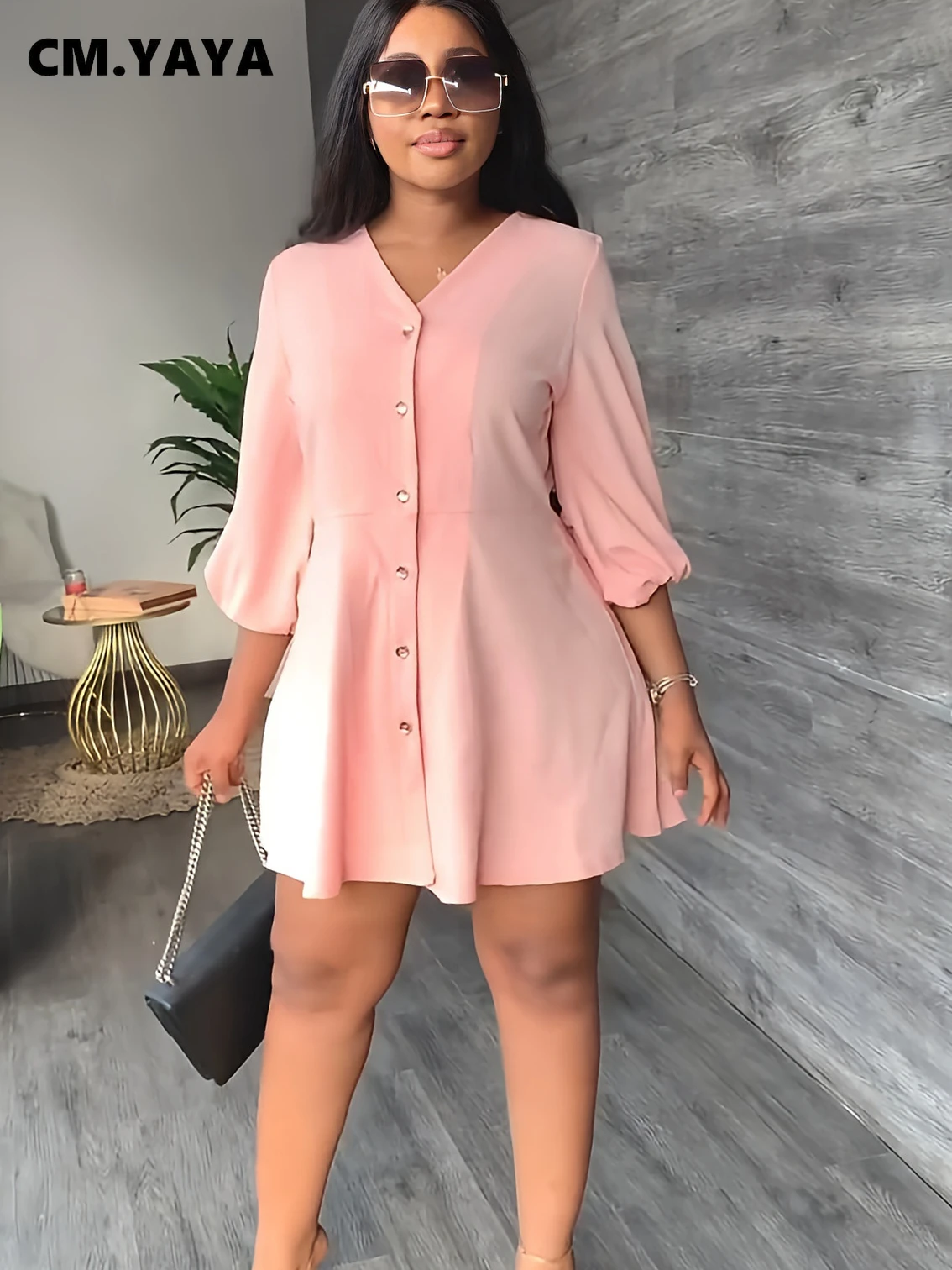 CM.YAYA Elegant Women Single Breasted V-neck Three Quarter Sleeve Big Swing A-line Shirt Style Dress