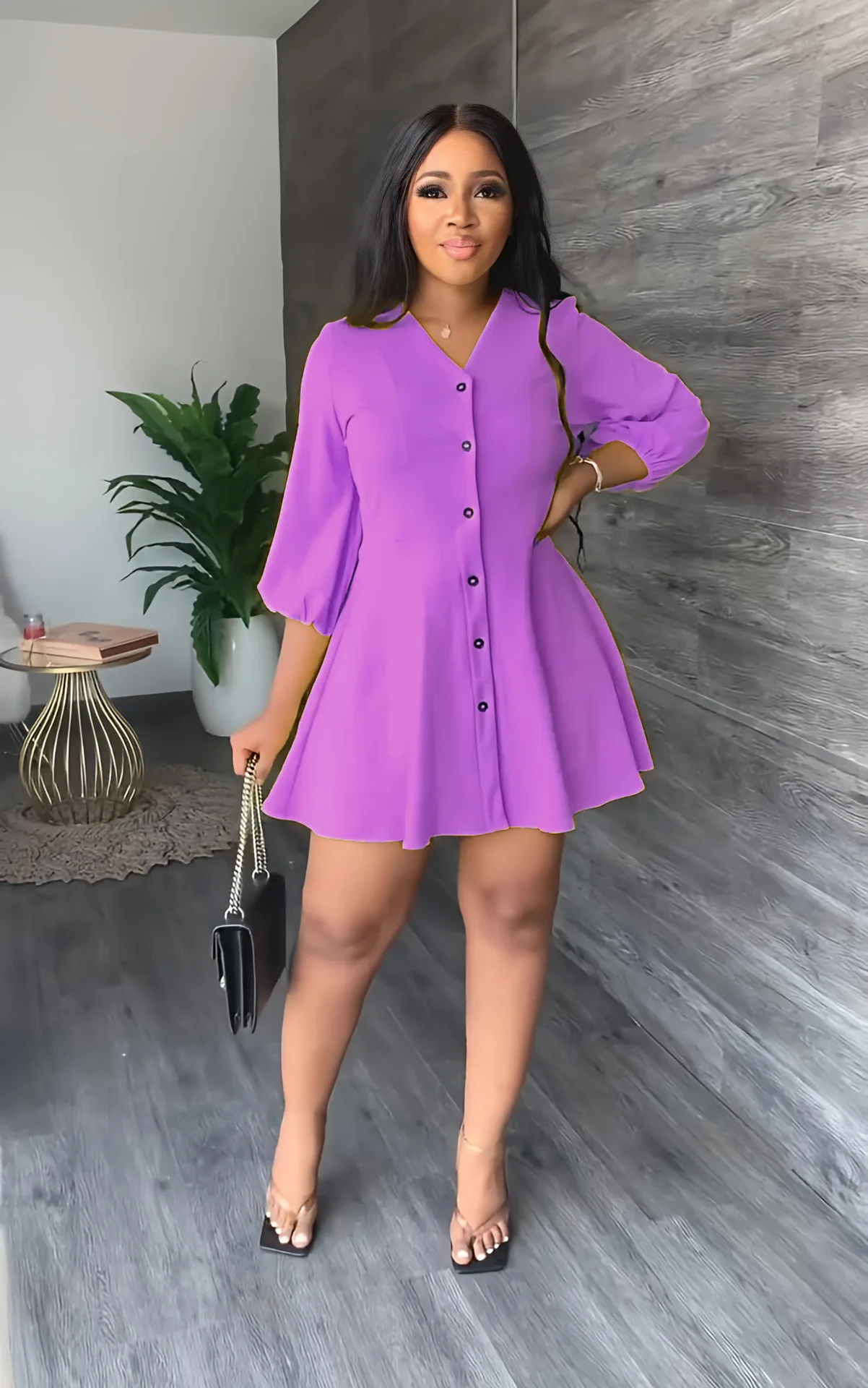 CM.YAYA Elegant Women Single Breasted V-neck Three Quarter Sleeve Big Swing A-line Shirt Style Dress