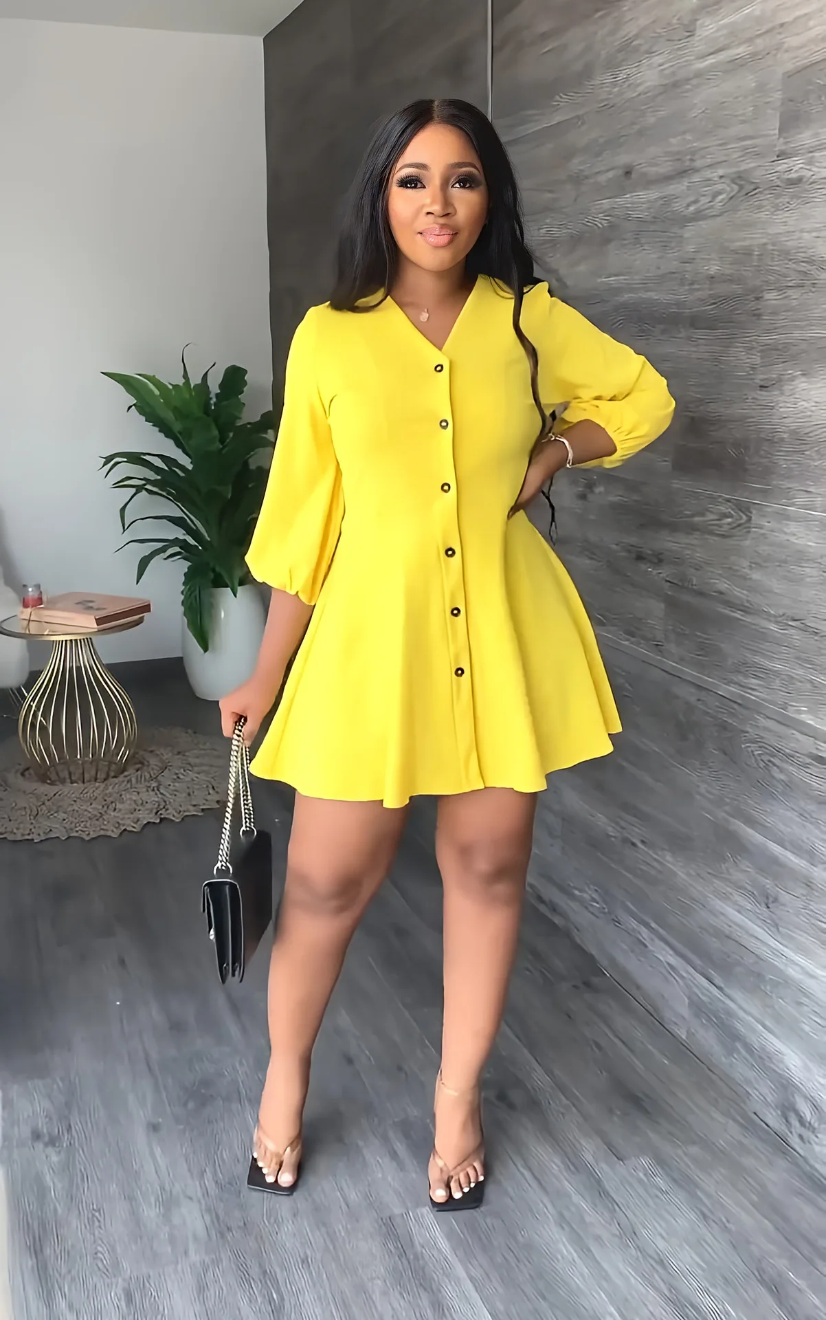 CM.YAYA Elegant Women Single Breasted V-neck Three Quarter Sleeve Big Swing A-line Shirt Style Dress