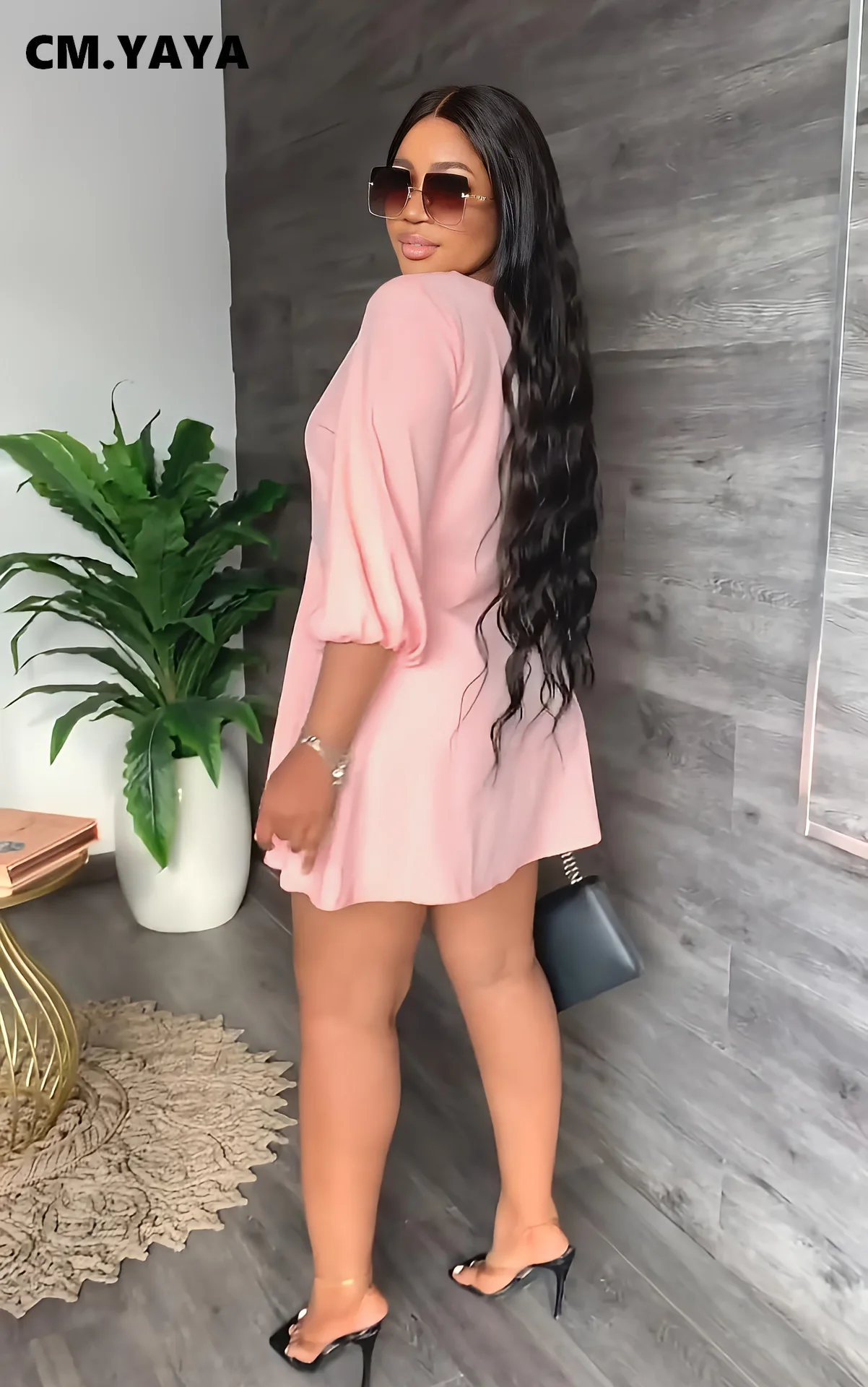 CM.YAYA Elegant Women Single Breasted V-neck Three Quarter Sleeve Big Swing A-line Shirt Style Dress