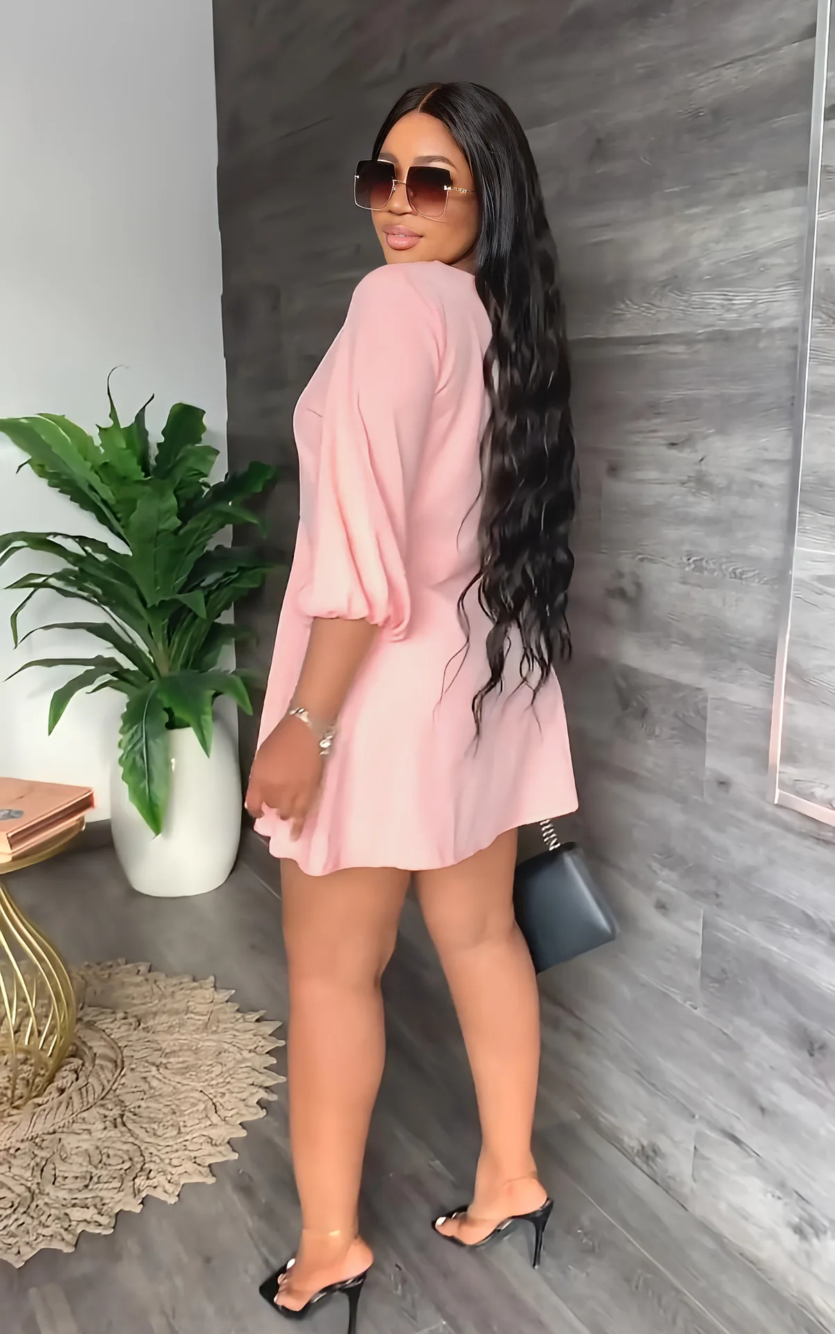 CM.YAYA Elegant Women Single Breasted V-neck Three Quarter Sleeve Big Swing A-line Shirt Style Dress