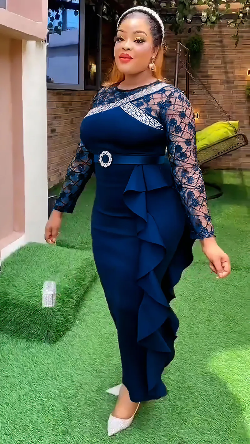 CM.YAYA Women O-neck Full Sleeve Lace Ruffles High Waist Long Maxi Dress 2024 Vestidos Sexy Hot Drilling Africa Party Dresses