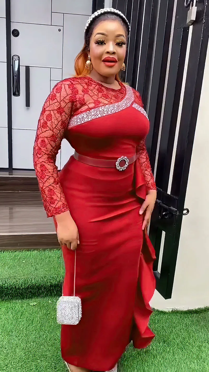 CM.YAYA Women O-neck Full Sleeve Lace Ruffles High Waist Long Maxi Dress 2024 Vestidos Sexy Hot Drilling Africa Party Dresses