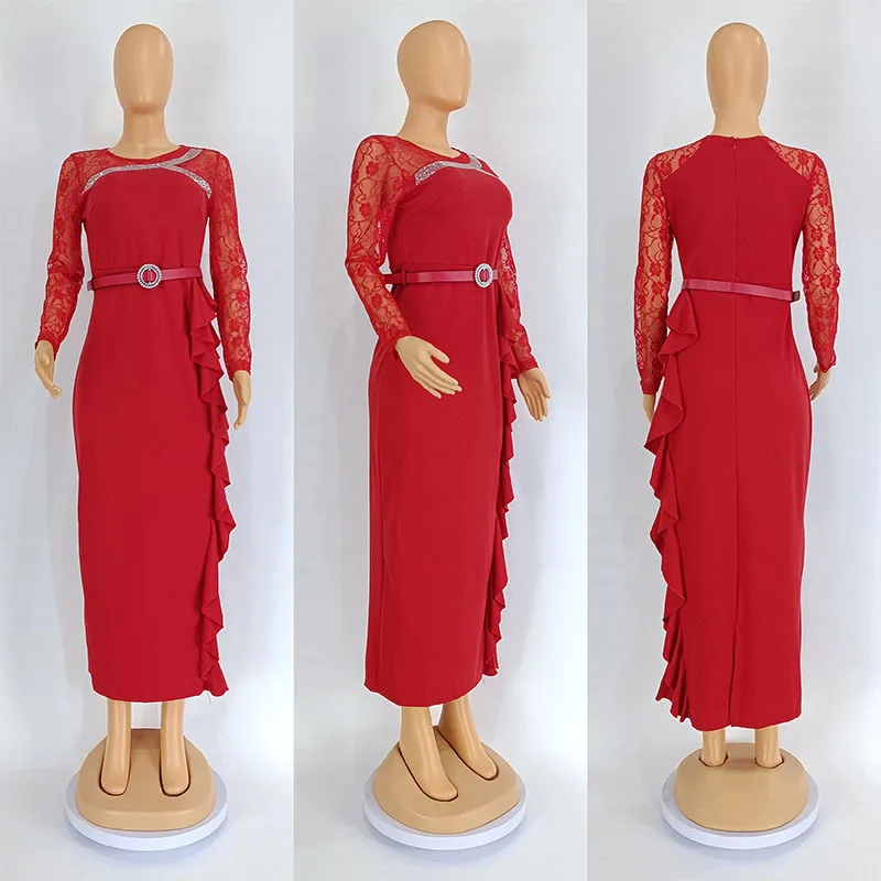 CM.YAYA Women O-neck Full Sleeve Lace Ruffles High Waist Long Maxi Dress 2024 Vestidos Sexy Hot Drilling Africa Party Dresses