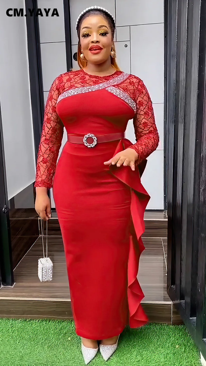 CM.YAYA Women O-neck Full Sleeve Lace Ruffles High Waist Long Maxi Dress 2024 Vestidos Sexy Hot Drilling Africa Party Dresses CM.YAYA Women O-neck Full Sleeve Lace Ruffles High Waist Long Maxi Dress 2024 Vestidos Sexy Hot Drilling Africa Party Dresses