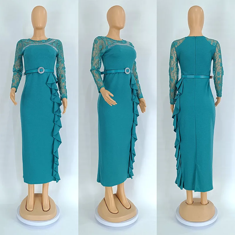 CM.YAYA Women O-neck Full Sleeve Lace Ruffles High Waist Long Maxi Dress 2024 Vestidos Sexy Hot Drilling Africa Party Dresses