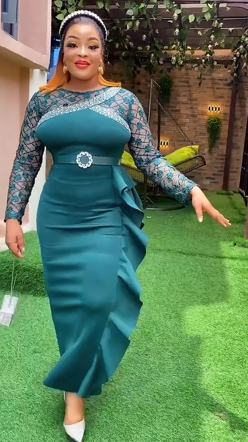 CM.YAYA Women O-neck Full Sleeve Lace Ruffles High Waist Long Maxi Dress 2024 Vestidos Sexy Hot Drilling Africa Party Dresses