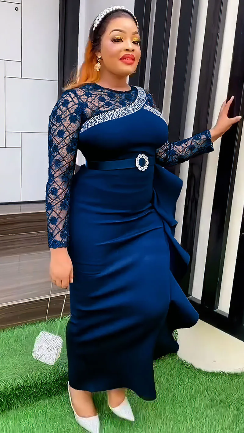 CM.YAYA Women O-neck Full Sleeve Lace Ruffles High Waist Long Maxi Dress 2024 Vestidos Sexy Hot Drilling Africa Party Dresses