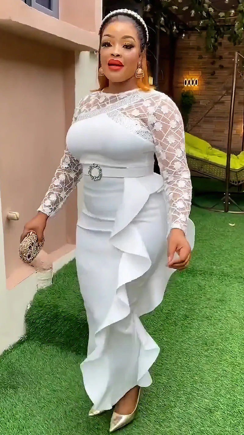 CM.YAYA Women O-neck Full Sleeve Lace Ruffles High Waist Long Maxi Dress 2024 Vestidos Sexy Hot Drilling Africa Party Dresses