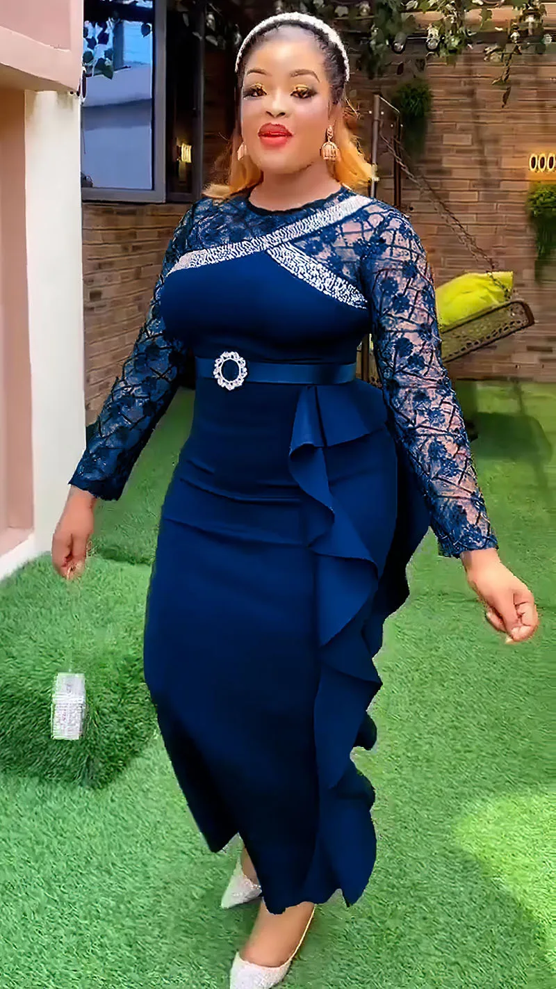 CM.YAYA Women O-neck Full Sleeve Lace Ruffles High Waist Long Maxi Dress 2024 Vestidos Sexy Hot Drilling Africa Party Dresses