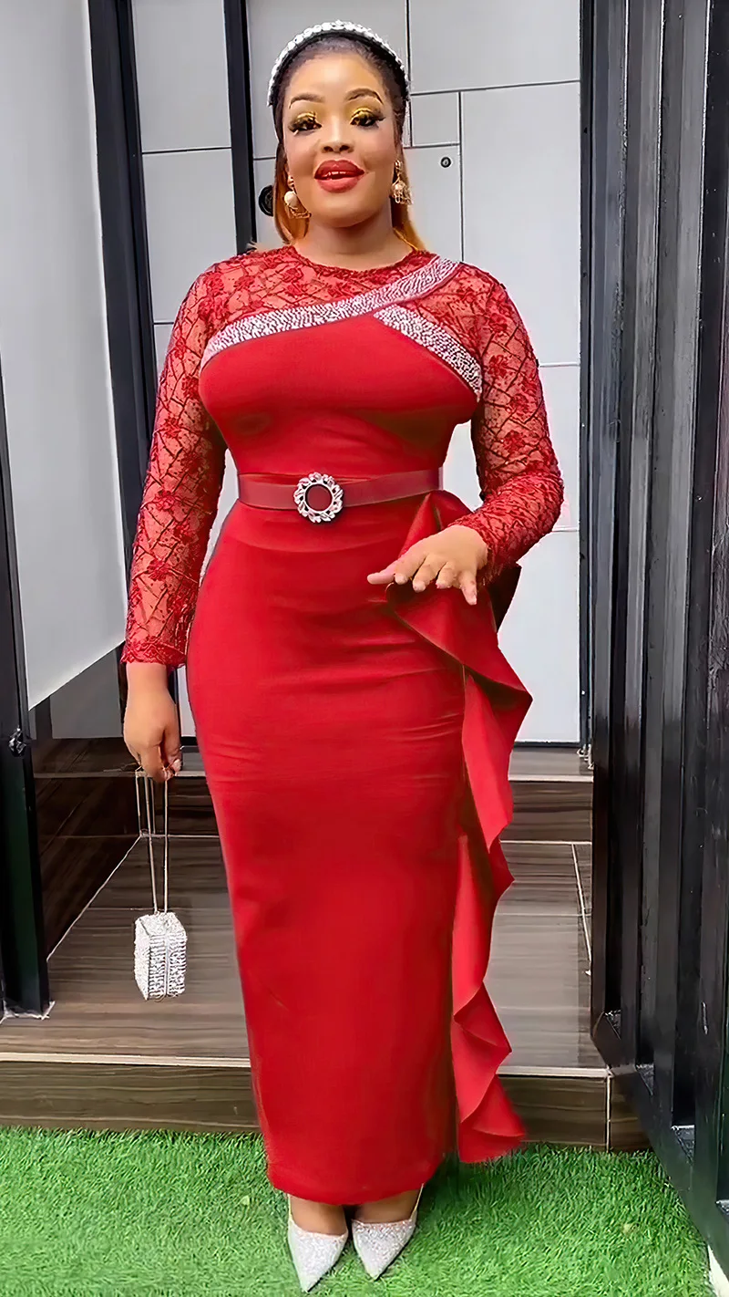 CM.YAYA Women O-neck Full Sleeve Lace Ruffles High Waist Long Maxi Dress 2024 Vestidos Sexy Hot Drilling Africa Party Dresses