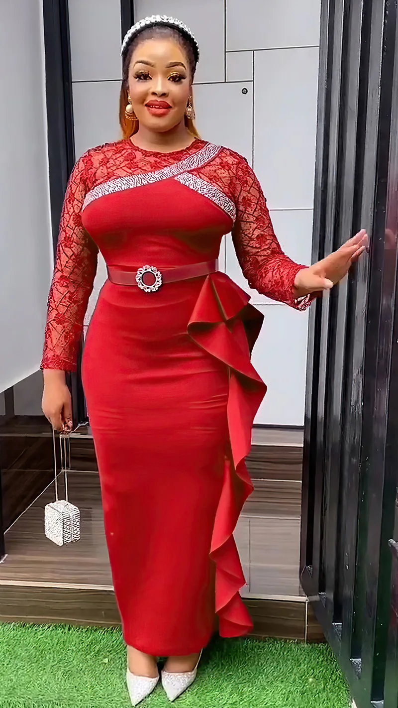 CM.YAYA Women O-neck Full Sleeve Lace Ruffles High Waist Long Maxi Dress 2024 Vestidos Sexy Hot Drilling Africa Party Dresses