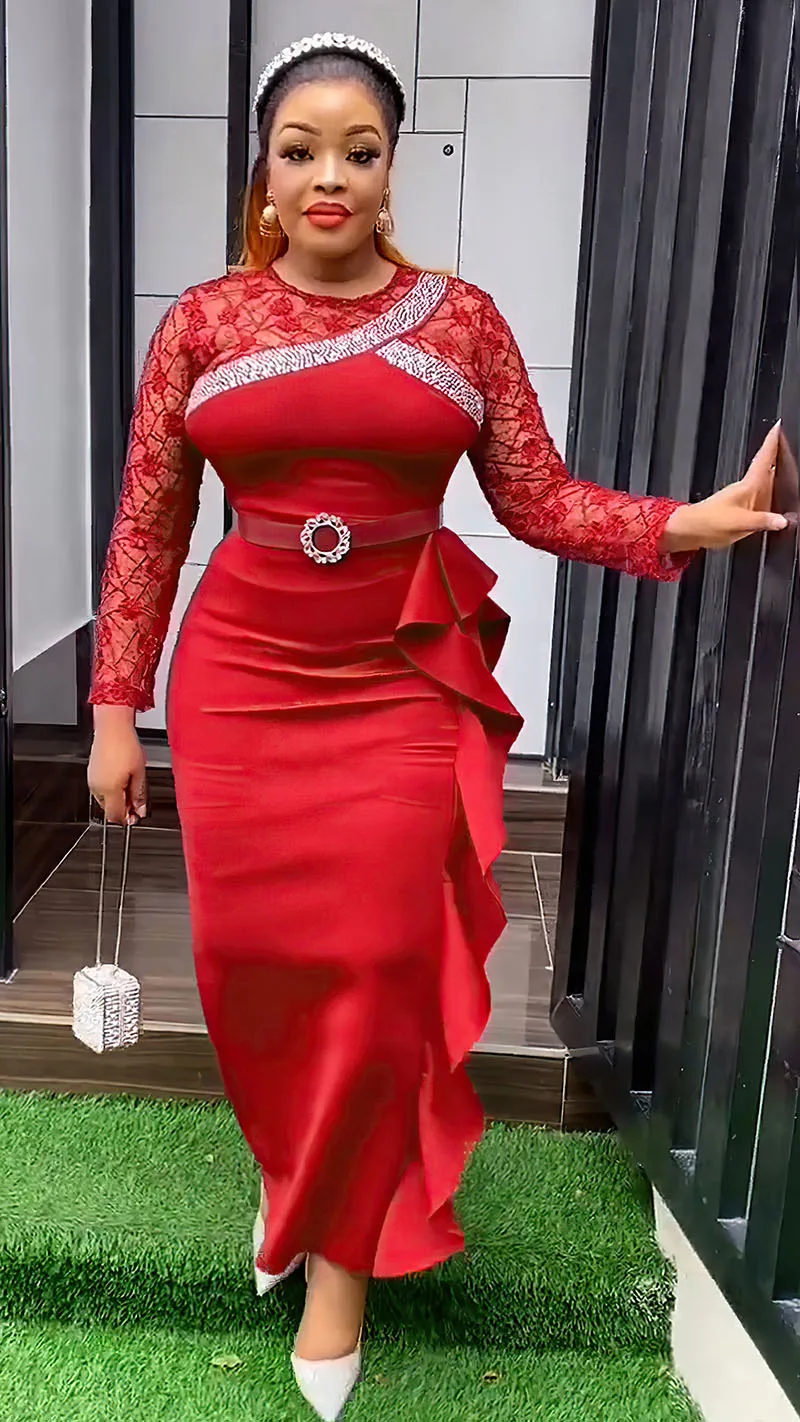 CM.YAYA Women O-neck Full Sleeve Lace Ruffles High Waist Long Maxi Dress 2024 Vestidos Sexy Hot Drilling Africa Party Dresses