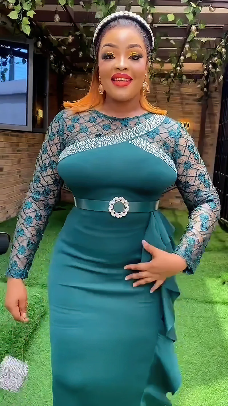 CM.YAYA Women O-neck Full Sleeve Lace Ruffles High Waist Long Maxi Dress 2024 Vestidos Sexy Hot Drilling Africa Party Dresses