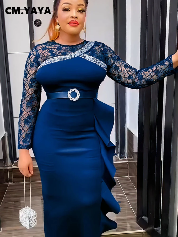 CM.YAYA Women O-neck Full Sleeve Lace Ruffles High Waist Long Maxi Dress 2024 Vestidos Sexy Hot Drilling Africa Party Dresses CM.YAYA Women O-neck Full Sleeve Lace Ruffles High Waist Long Maxi Dress 2024 Vestidos Sexy Hot Drilling Africa Party Dresses