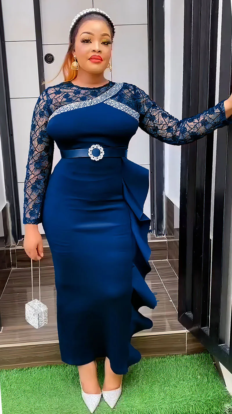 CM.YAYA Women O-neck Full Sleeve Lace Ruffles High Waist Long Maxi Dress 2024 Vestidos Sexy Hot Drilling Africa Party Dresses