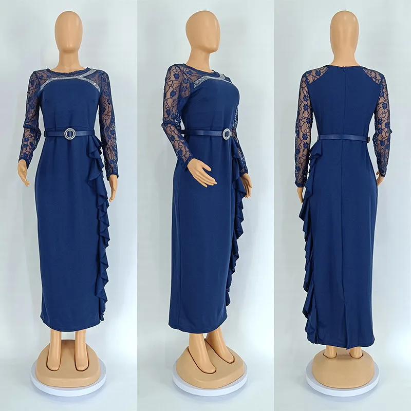 CM.YAYA Women O-neck Full Sleeve Lace Ruffles High Waist Long Maxi Dress 2024 Vestidos Sexy Hot Drilling Africa Party Dresses