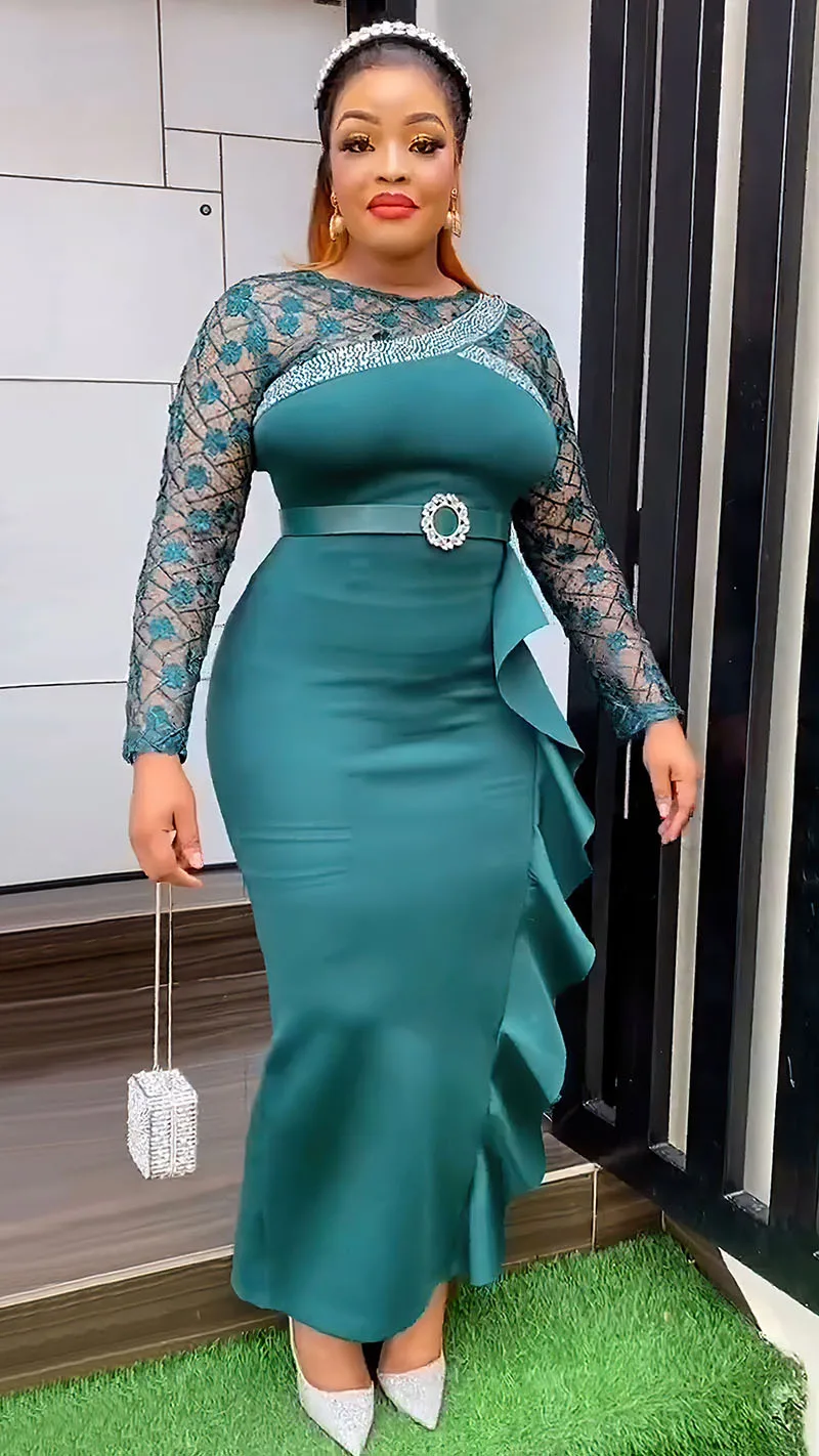 CM.YAYA Women O-neck Full Sleeve Lace Ruffles High Waist Long Maxi Dress 2024 Vestidos Sexy Hot Drilling Africa Party Dresses