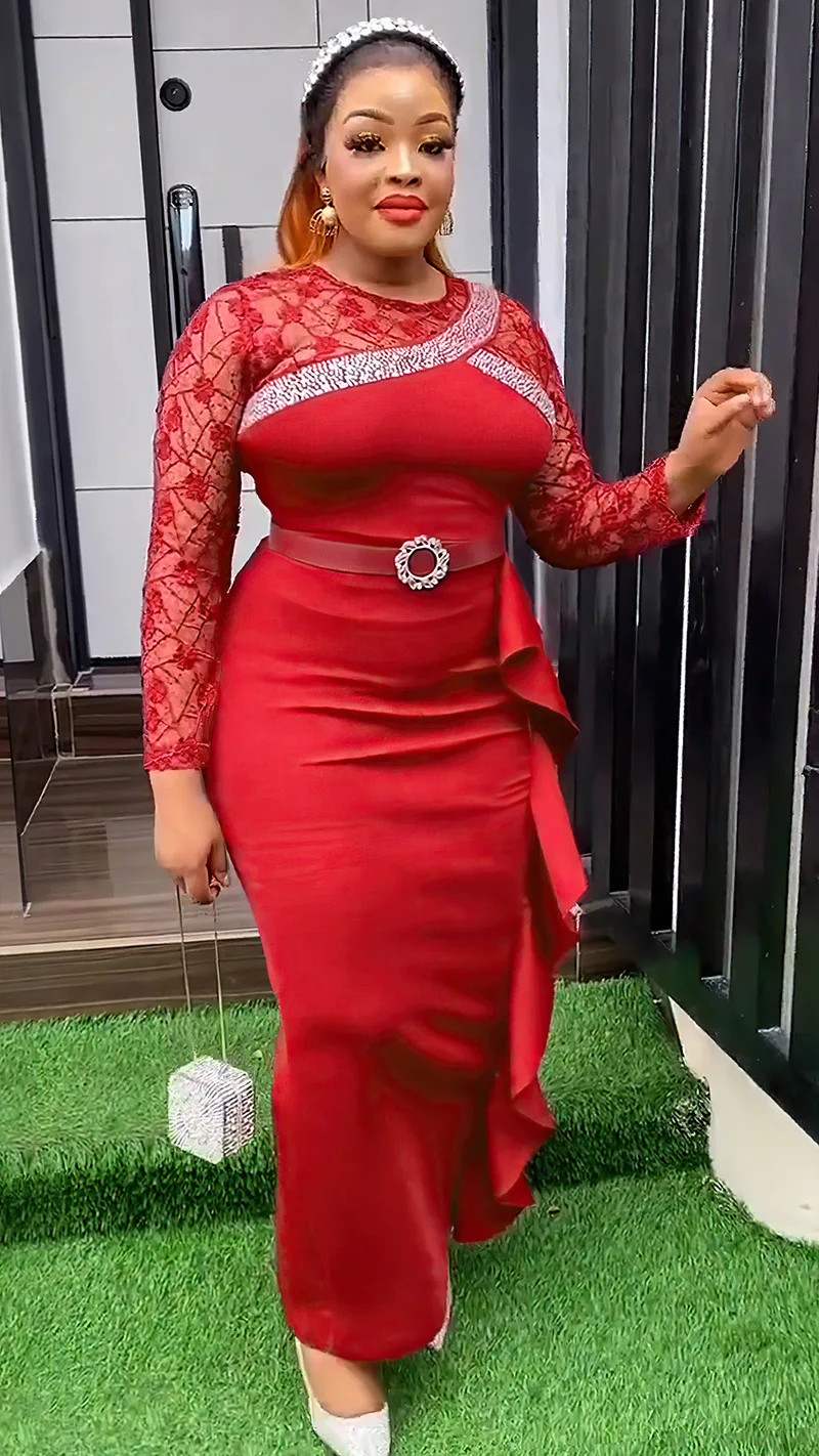 CM.YAYA Women O-neck Full Sleeve Lace Ruffles High Waist Long Maxi Dress 2024 Vestidos Sexy Hot Drilling Africa Party Dresses