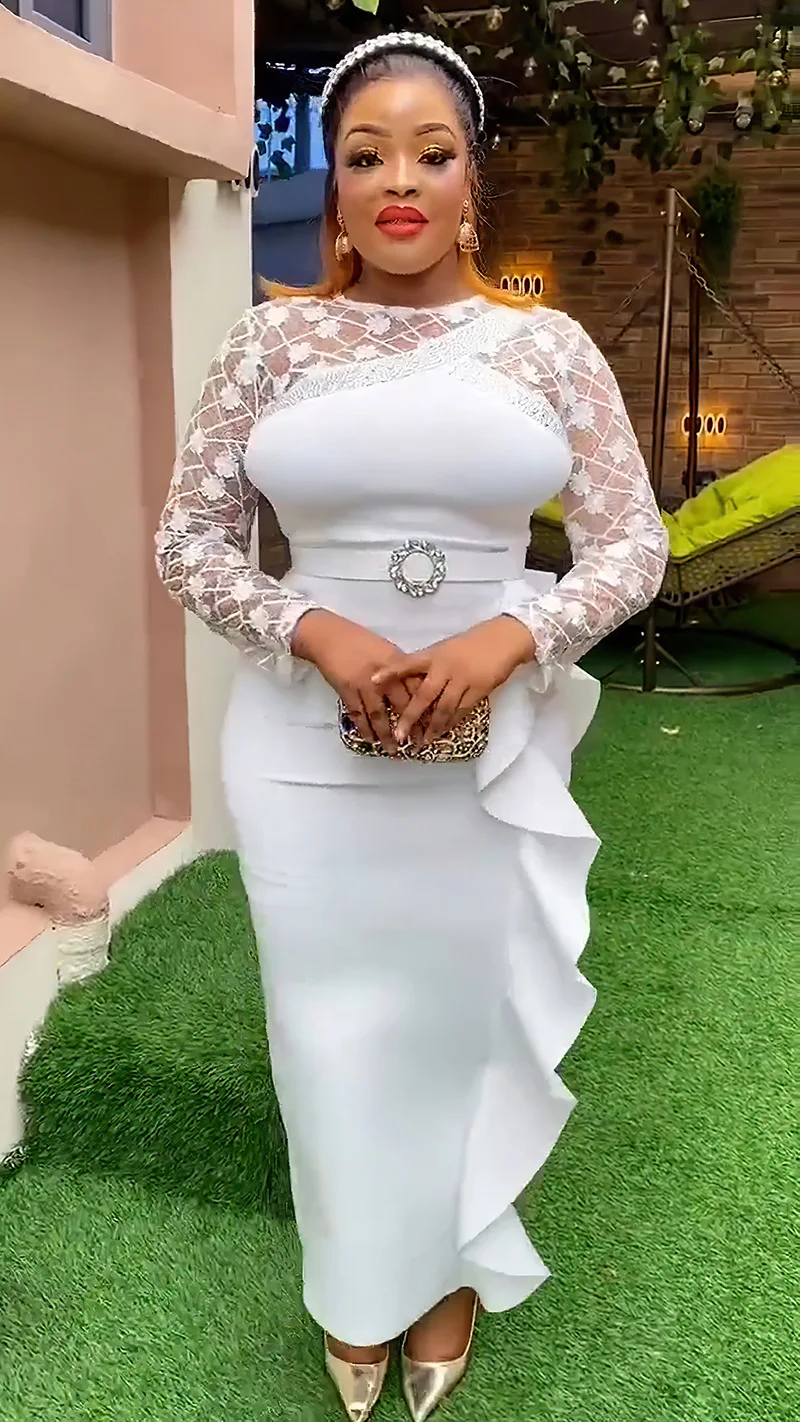 CM.YAYA Women O-neck Full Sleeve Lace Ruffles High Waist Long Maxi Dress 2024 Vestidos Sexy Hot Drilling Africa Party Dresses