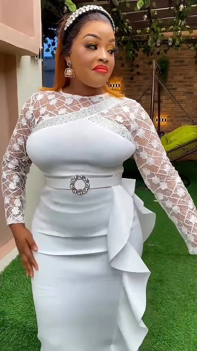 CM.YAYA Women O-neck Full Sleeve Lace Ruffles High Waist Long Maxi Dress 2024 Vestidos Sexy Hot Drilling Africa Party Dresses