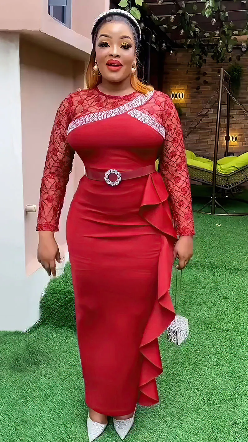 CM.YAYA Women O-neck Full Sleeve Lace Ruffles High Waist Long Maxi Dress 2024 Vestidos Sexy Hot Drilling Africa Party Dresses