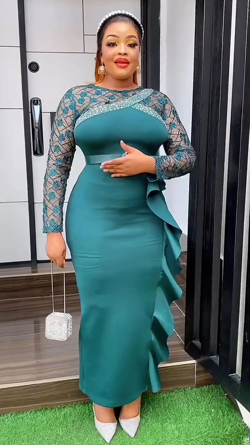 CM.YAYA Women O-neck Full Sleeve Lace Ruffles High Waist Long Maxi Dress 2024 Vestidos Sexy Hot Drilling Africa Party Dresses