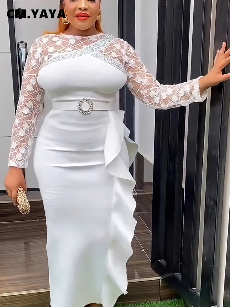 CM.YAYA Women O-neck Full Sleeve Lace Ruffles High Waist Long Maxi Dress 2024 Vestidos Sexy Hot Drilling Africa Party Dresses CM.YAYA Women O-neck Full Sleeve Lace Ruffles High Waist Long Maxi Dress 2024 Vestidos Sexy Hot Drilling Africa Party Dresses