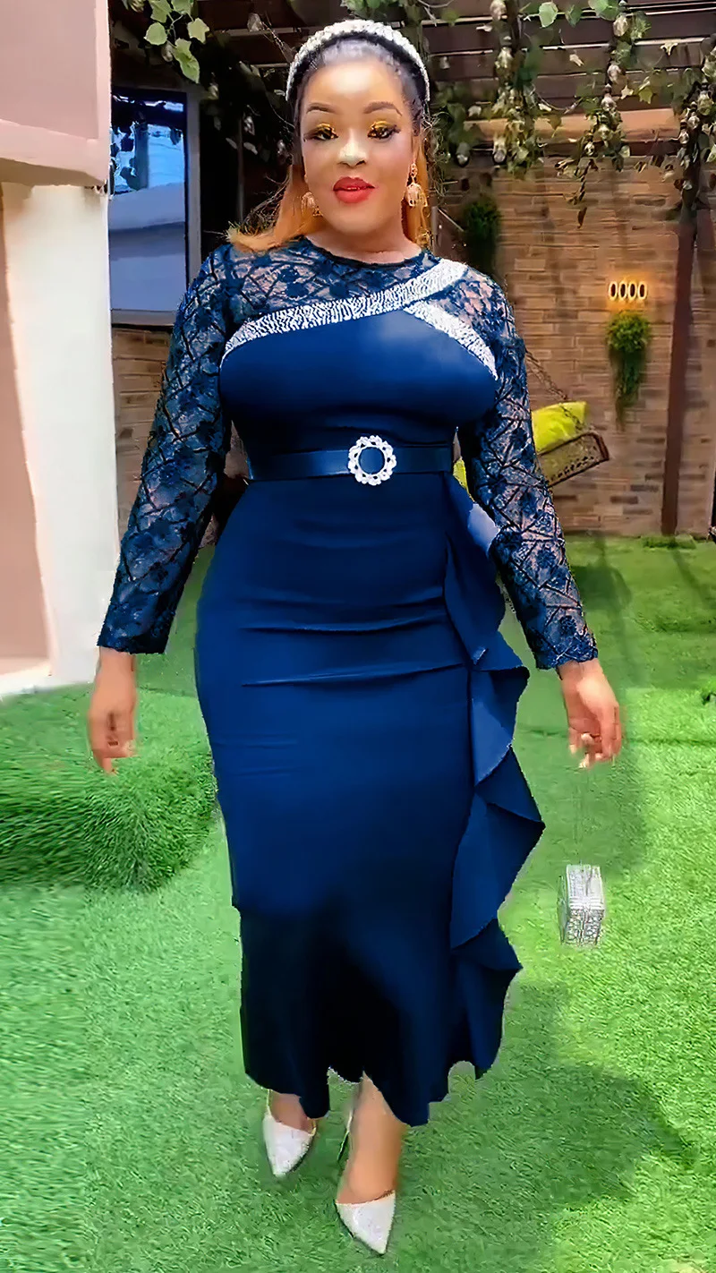 CM.YAYA Women O-neck Full Sleeve Lace Ruffles High Waist Long Maxi Dress 2024 Vestidos Sexy Hot Drilling Africa Party Dresses