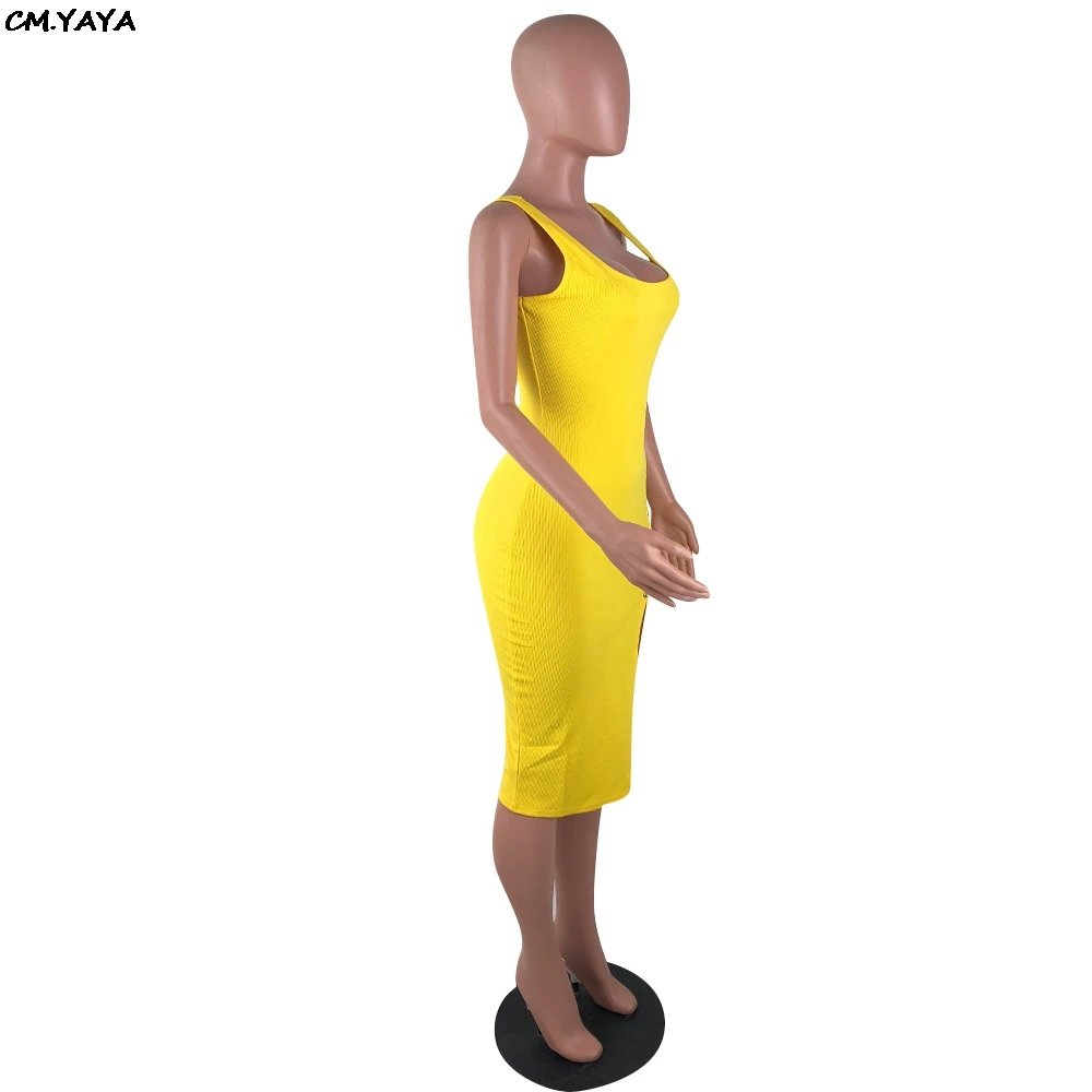 2019 Women Summer Sleeveless Side Spit Knitted Bodycon Midi Tank Dress Knee Length Vintage Sexy Party Dresses Vestidos LM9065