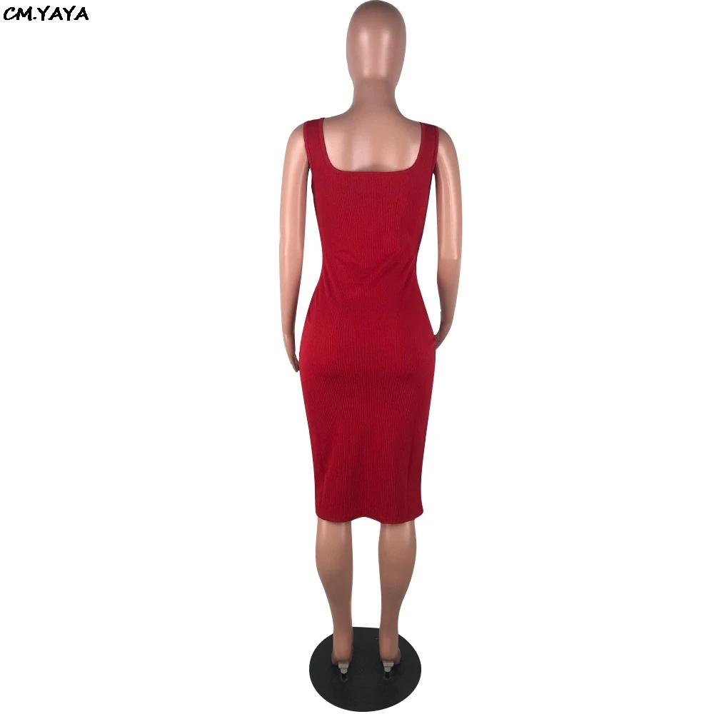 2019 Women Summer Sleeveless Side Spit Knitted Bodycon Midi Tank Dress Knee Length Vintage Sexy Party Dresses Vestidos LM9065