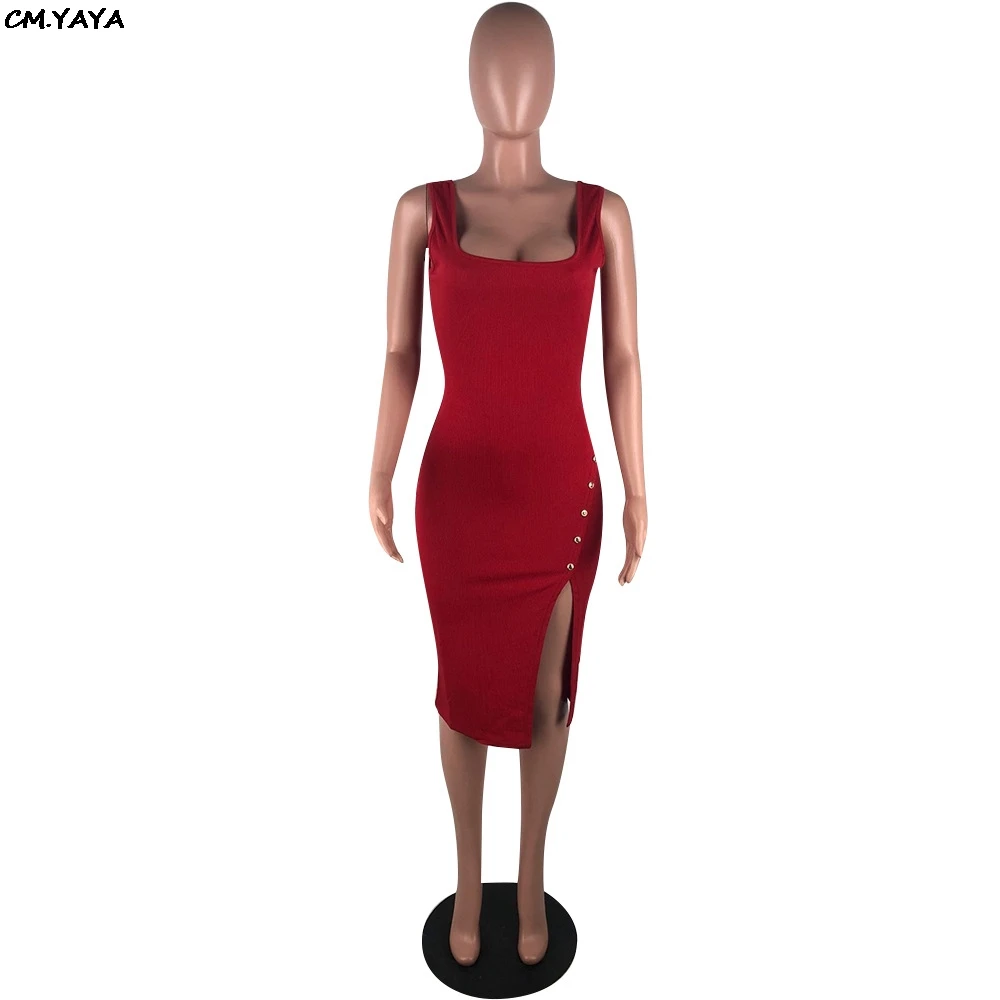 2019 Women Summer Sleeveless Side Spit Knitted Bodycon Midi Tank Dress Knee Length Vintage Sexy Party Dresses Vestidos LM9065