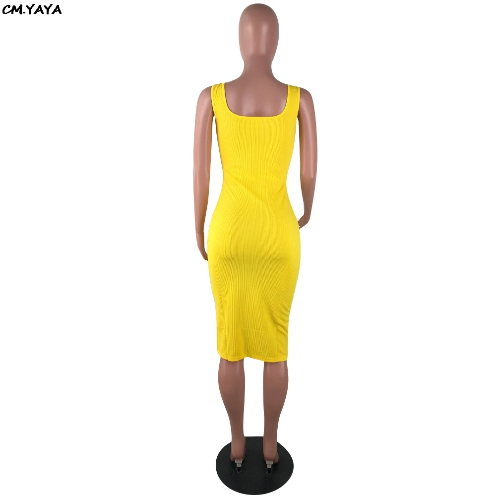 2019 Women Summer Sleeveless Side Spit Knitted Bodycon Midi Tank Dress Knee Length Vintage Sexy Party Dresses Vestidos LM9065