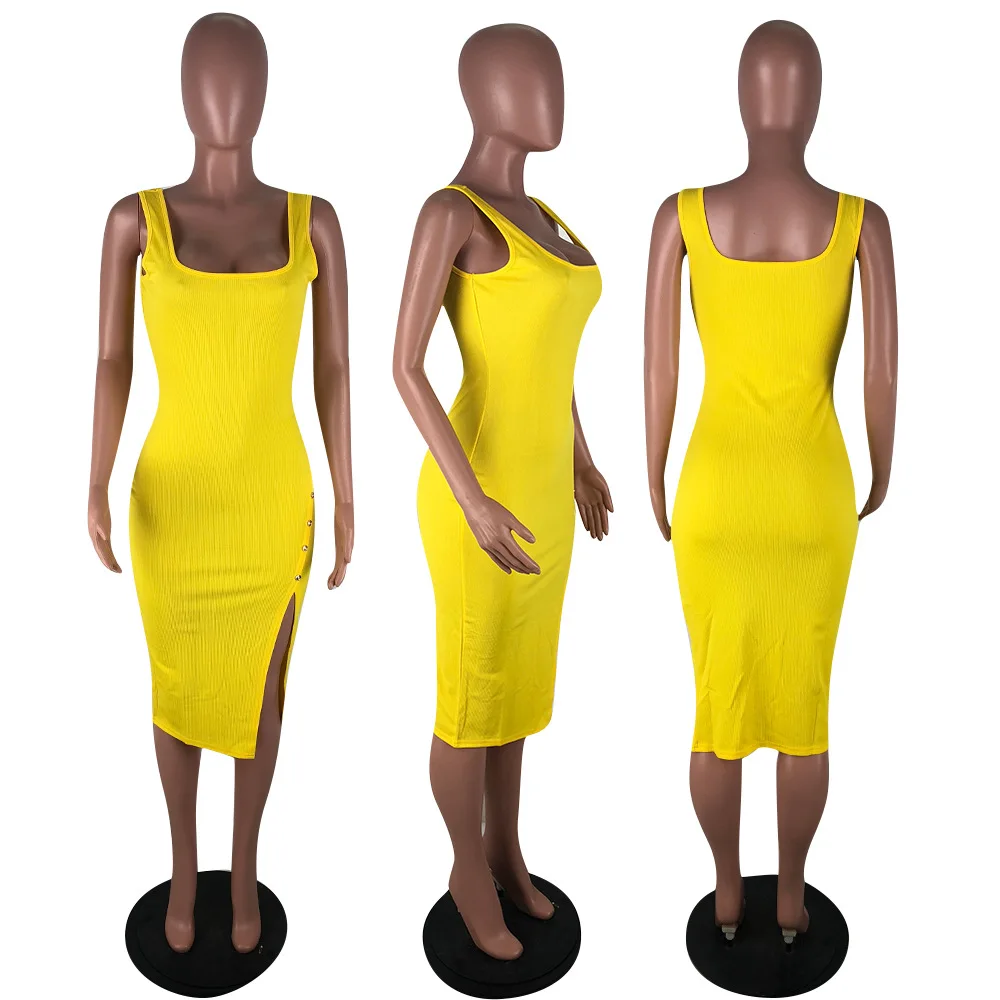 2019 Women Summer Sleeveless Side Spit Knitted Bodycon Midi Tank Dress Knee Length Vintage Sexy Party Dresses Vestidos LM9065