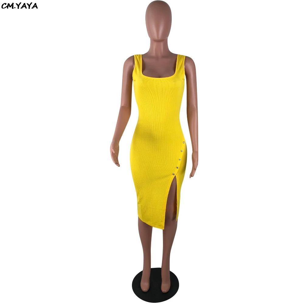 2019 Women Summer Sleeveless Side Spit Knitted Bodycon Midi Tank Dress Knee Length Vintage Sexy Party Dresses Vestidos LM9065