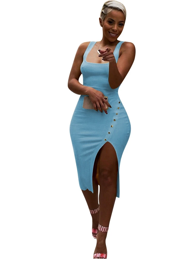2019 Women Summer Sleeveless Side Spit Knitted Bodycon Midi Tank Dress Knee Length Vintage Sexy Party Dresses Vestidos LM9065