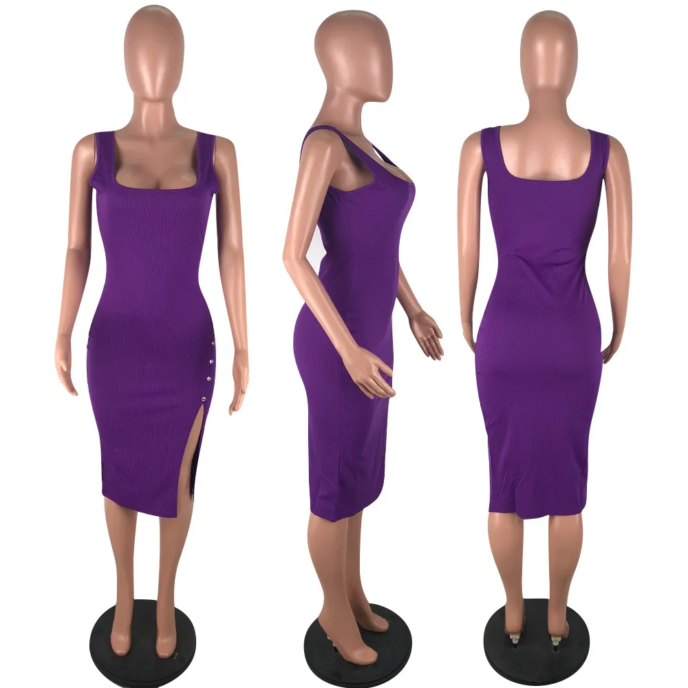 2019 Women Summer Sleeveless Side Spit Knitted Bodycon Midi Tank Dress Knee Length Vintage Sexy Party Dresses Vestidos LM9065