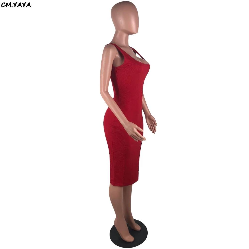 2019 Women Summer Sleeveless Side Spit Knitted Bodycon Midi Tank Dress Knee Length Vintage Sexy Party Dresses Vestidos LM9065