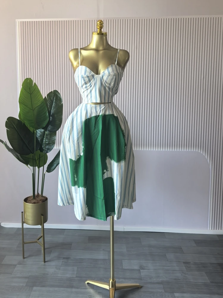 CM.YAYA Women Sleeveless Striped Printed Strap Mini Tank Tops and A-line Maxi Skirts Suit 2025 Summer Holiday Two 2 Piece Sets CM.YAYA Women Sleeveless Striped Printed Strap Mini Tank Tops and A-line Maxi Skirts Suit 2025 Summer Holiday Two 2 Piece Sets