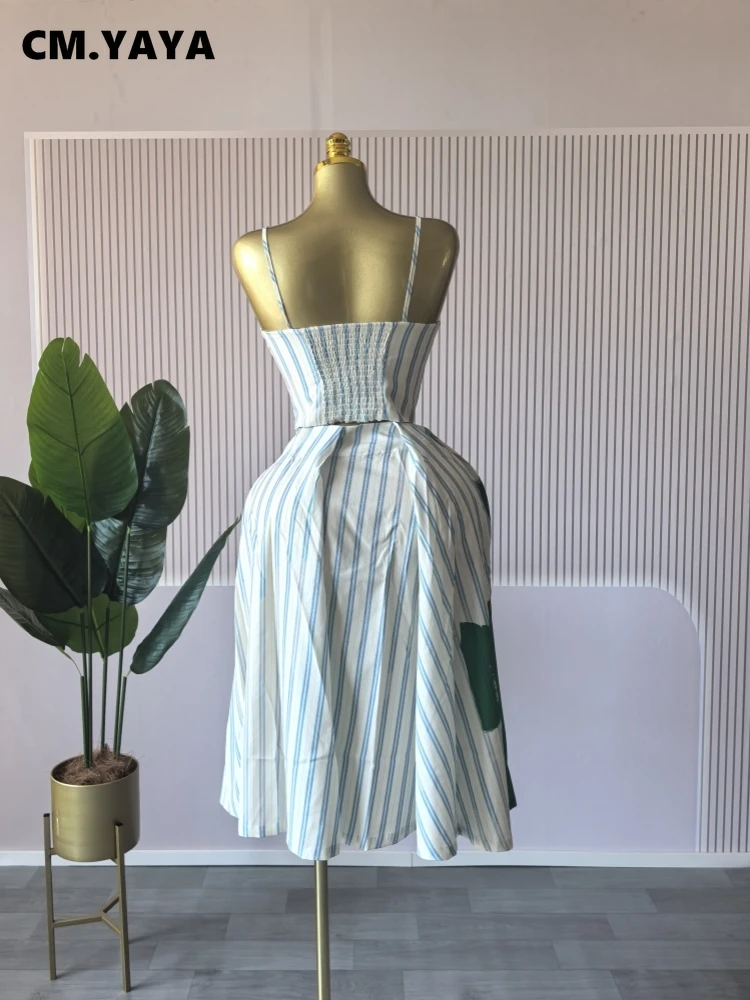 CM.YAYA Women Sleeveless Striped Printed Strap Mini Tank Tops and A-line Maxi Skirts Suit 2025 Summer Holiday Two 2 Piece Sets CM.YAYA Women Sleeveless Striped Printed Strap Mini Tank Tops and A-line Maxi Skirts Suit 2025 Summer Holiday Two 2 Piece Sets